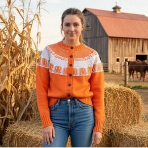 Pumpkin Fair Isle Cardigan Sweater Orange Nordic Knit Fall Cottagecore Sz Medium